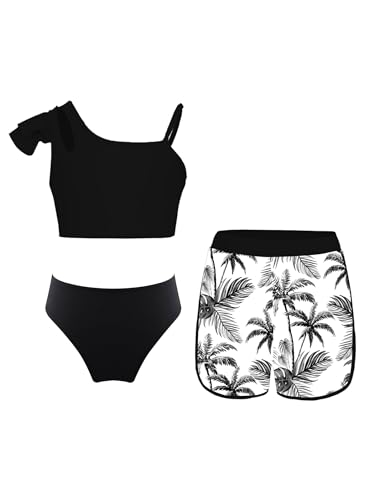 Sinleey 3 Teiliges Bikini Set Mädchen Badeanzug Kinder Badebekleidung Schwimmanzug 5-16 Jahre A Schwarz 158-164 von Sinleey