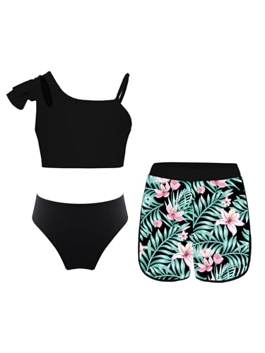 Sinleey 3 Teiliges Bikini Set Mädchen Badeanzug Kinder Badebekleidung Schwimmanzug 5-16 Jahre A Schwarze Blume 146-152 von Sinleey