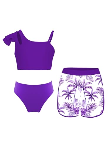 Sinleey 3 Teiliges Bikini Set Mädchen Badeanzug Kinder Badebekleidung Schwimmanzug 5-16 Jahre A Violett 146-152 von Sinleey