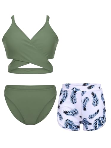 Sinleey 3 Teiliges Bikini Set Mädchen Badeanzug Kinder Badebekleidung Schwimmanzug 5-16 Jahre D Armeegrün 152-158 von Sinleey