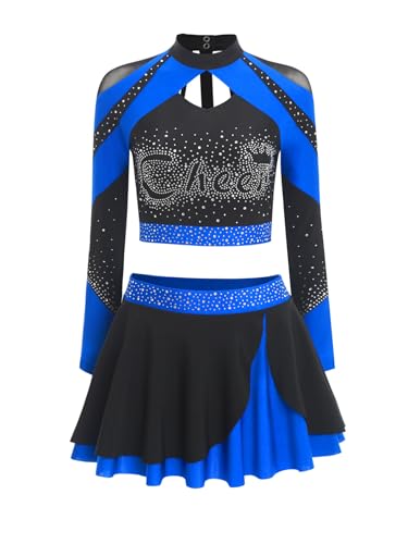 Sinleey Cheer Leader Kostüm Damen 2 Teile Uniform Glitzer Crop Top Langarm Mit Rock Tanzkleid Kostüm Halloween Karneval von Sinleey