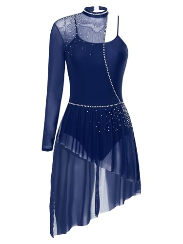 Sinleey Damen Contemporary Dance Kleid Eiskunstlauf Kleid Gymnastik Trikot Asymmetrisch Strass Latein Modern Jazz Tanzkleid Marineblau M von Sinleey
