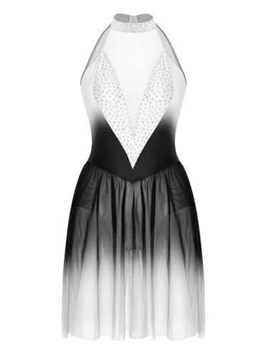 Sinleey Damen Strass Eiskunstlauf Outfit Gymnastik Trikot Tanzkleid Body Gym Trikot Ballett Show Wettbewerb Weiß schwarz S von Sinleey