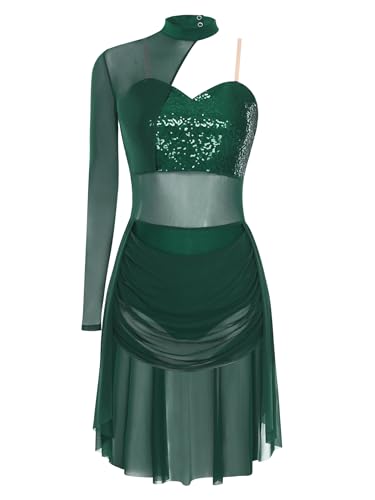 Sinleey Frau Kleid Latein Tanz Glitzer Asymmetrisch EIN Schulter Ballroom Tanz Kostüm Salsa Rumba Cha Cha Jazz Grün S von Sinleey