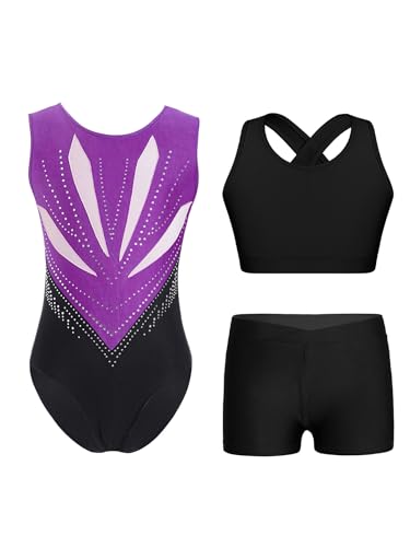 Sinleey Gymnastikanzug Mädchen 3 teilige Gymnastik Outfit Turnanzug Kinder Ganzkörperanzug Mit Shorts Und Sport BH Bustier Tanzkleidung Eiskunstlauf Lila Schwarz 134-140 von Sinleey