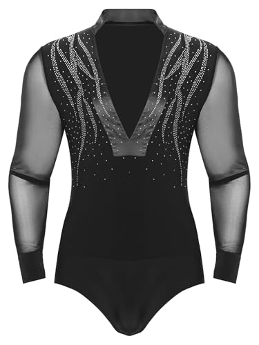 Sinleey Herren Latein Tanz Body Glitzer Langarm Gymnastikanzug Eislauf Turnanzug Turnbody Kostüm Performance Schwarz M von Sinleey