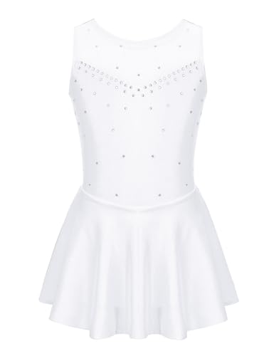 Sinleey Mädchen Kleid Eiskunstlauf Ärmellos Strass Ganzkörper Kleid Tanz Gymnastik Outfit Kostüm Show 6-16 Jahre A Weiß 134-140 von Sinleey