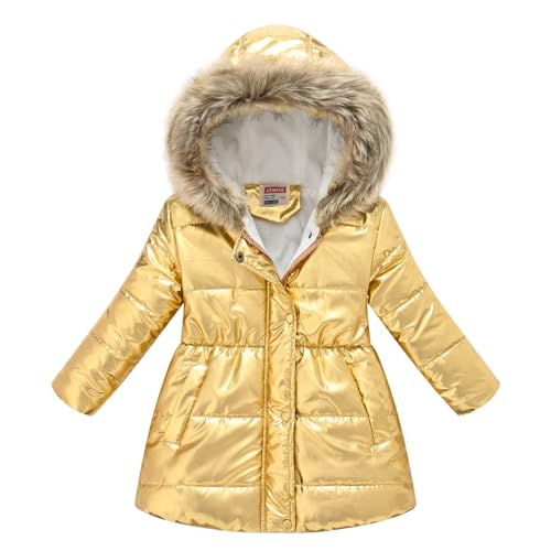 Sinleey Mädchen Mantel Daunenjacke Winter Warm Metallisch Glänzend Winddicht Mantel Mit Kapuze Pelz Gefütterte Jacke Wattiert Jahre Gold 134-140 von Sinleey