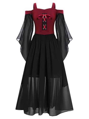 Sinleey Mittelalterliches Renaissance Kleid für Mädchen Prinzessin Kostüm Halloween Karneval für Kinder 3-16 Jahre A Burgund 134-140 von Sinleey