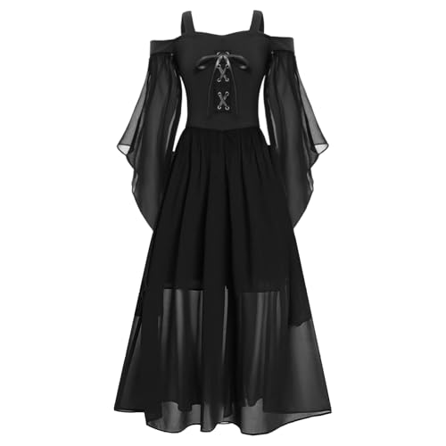 Sinleey Mittelalterliches Renaissance Kleid für Mädchen Prinzessin Kostüm Halloween Karneval für Kinder 3-16 Jahre A Schwarz 158-164 von Sinleey