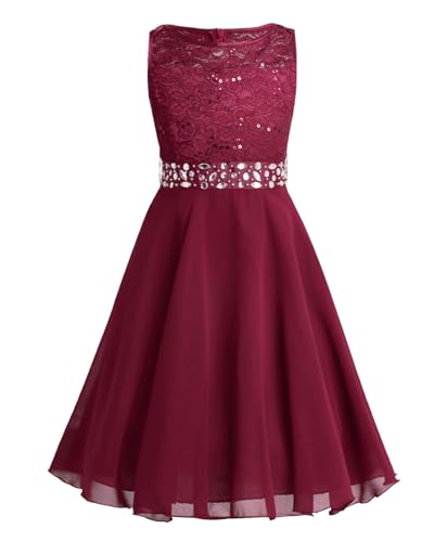 Sinleey Prinzessin Kleid Mädchen Festlich Brautjungfer Kleid Spitzen Blumenmädchenkleider Abendkleid Hochzeit Geburtstag Feier 5-16 Jahre B Rot 140 von Sinleey