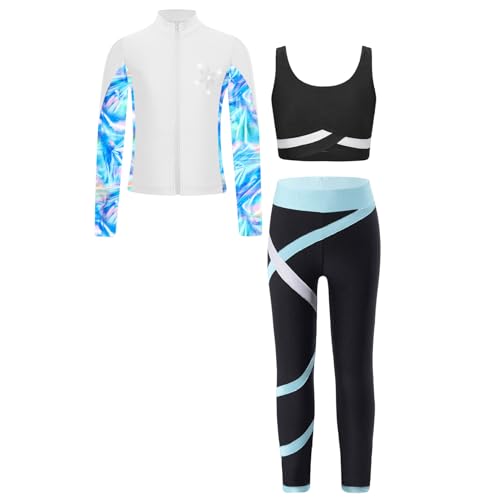 Sinleey Trainingsanzug Mädchen Sportanzug Sport Yoga Jogginganzug Jacke Trägerhemd Leggings Gym Gymnastik Outfit Eiskunstlauf Tanzen Training Kinder 5-16 Jahre A Hellblau 146-152 von Sinleey