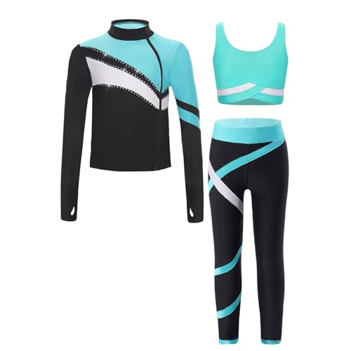 Sinleey Trainingsanzug Mädchen Sportanzug Sport Yoga Jogginganzug Jacke Trägerhemd Leggings Gym Gymnastik Outfit Eiskunstlauf Tanzen Training Kinder 5-16 Jahre B Blau Grün 146-152 von Sinleey
