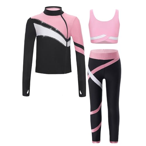Sinleey Trainingsanzug Mädchen Sportanzug Sport Yoga Jogginganzug Jacke Trägerhemd Leggings Gym Gymnastik Outfit Eiskunstlauf Tanzen Training Kinder 5-16 Jahre B Rosa 146-152 von Sinleey