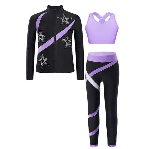 Sinleey Trainingsanzug Mädchen Sportanzug Sport Yoga Jogginganzug Jacke Trägerhemd Leggings Gym Gymnastik Outfit Eiskunstlauf Tanzen Training Kinder 5-16 Jahre C Helles Lila 134-140 von Sinleey