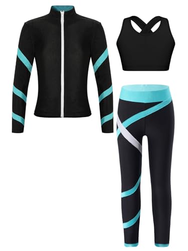 Sinleey Trainingsanzug Mädchen Sportanzug Sport Yoga Jogginganzug Jacke Trägerhemd Leggings Gym Gymnastik Outfit Eiskunstlauf Tanzen Training Kinder 5-16 Jahre D Blau Grün 146-152 von Sinleey