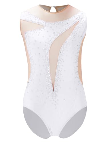 Sinleey Turnanzug Mädchen Glitzer Gymnastik Trikot Ärmellos Gymnastikanzug Leotard Ballet Strass Body Eiskunstlauf A Weiß 158-164 von Sinleey