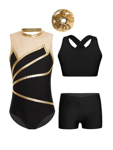 Sinleey Turnanzug Mädchen Gymnastikanzug Glitzer Kinder mit Top Und Shorts Hose Haarband Set Gymnastik Leotard Tanz Eiskunstlauf Kostüm für 5-16 Jahre B Gold 146-152 von Sinleey