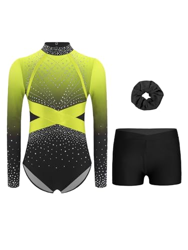 Sinleey Turnanzug Mädchen Langarm Gymnastikanzug Mit Hose Und Haarband 3-teiliges Gymnastik-outfit Wettkampf A Fluoreszierendes Gelb 134-140 von Sinleey