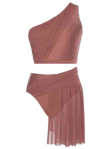 Sinleey Zeitgenössischer Tanzanzug Für Damen Mit Strass Glitzerndes Set Top Und Rock Short Latin Tanz Kostüm Eiskunstlauf Gymnastik A Altrosa M von Sinleey