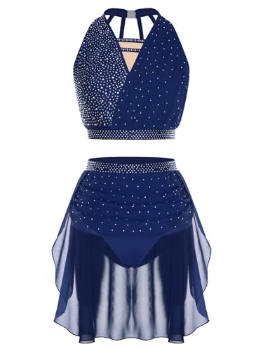 Sinleey Zeitgenössischer Tanzanzug Für Damen Mit Strass Glitzerndes Set Top Und Rock Short Latin Tanz Kostüm Eiskunstlauf Gymnastik B Navy blau S von Sinleey