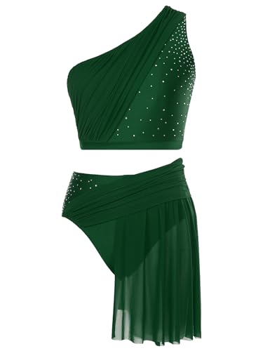 Sinleey Zeitgenössischer Tanzanzug Für Damen Mit Strass Glitzerndes Set Top Und Rock Short Latin Tanz Kostüm Eiskunstlauf Gymnastik A Grün M von Sinleey