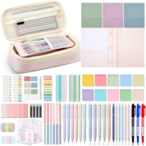 Sinload Ästhetisches Buch-Anmerkungs-Set mit Federmäppchen, Ordnern mit 4 Zinken, 12 Textmarkern, 20 Druckbleistiften, 500 Blatt, transparente Haftnotizen, Mini-Bürobedarf, Schreibwaren (Rosa) von Sinload