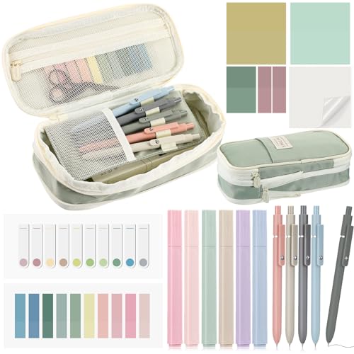 Sinmoe 15 Stück Pastell Schreibwaren Set 1 Grün Federmäppchen mit Reißverschluss 6 Textmarker mit Keilspitze 5 Einziehbar Gelschreiber mit Schwarz Mine 1 Set Transparent Haftnotizen 2 Sets Haftnotizen von Sinmoe