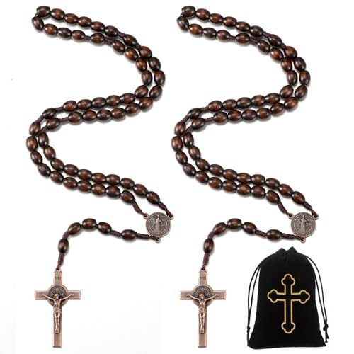 Sinmoe 2 Stück Holz Rosenkranz Perlen Halskette mit 2 Samtbeuteln Kreuz Halskette Rosenkranz Kette für Herren Frauen Kommunion Taufe von Sinmoe