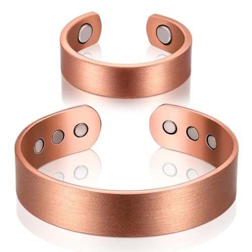 Sinmoe 2 Stück Magnetisches Kupfer Armband und Ring Set Magnetarmband und Magnetischer Kupferring für Männer Frauen Verstellbarer Massiver Kupfer Armreif Damen Magnetring(Einfach) von Sinmoe