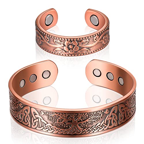 Sinmoe 2 Stück Magnetisches Kupfer Armband und Ring Set Magnetarmband und Magnetischer Kupferring für Männer Frauen Verstellbarer Massiver Kupfer Armreif Damen Magnetring(Klassisch) von Sinmoe