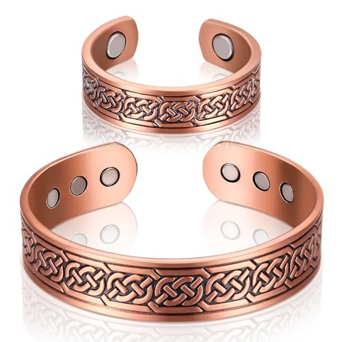 Sinmoe 2 Stück Magnetisches Kupfer Armband und Ring Set Magnetarmband und Magnetischer Kupferring für Männer Frauen Verstellbarer Massiver Kupfer Armreif Damen Magnetring(Vintage) von Sinmoe