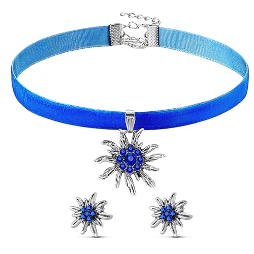Sinmoe 3 Stück Trachtenschmuck Set Bayerisch Bierfest Dirndlschmuck Elegante Trachtenkette mit Ohrstecker Edelweiß Halskette Samt Kropfband für Damen Bierfest Trachten Dirndl Accessoires(Dunkelblau) von Sinmoe