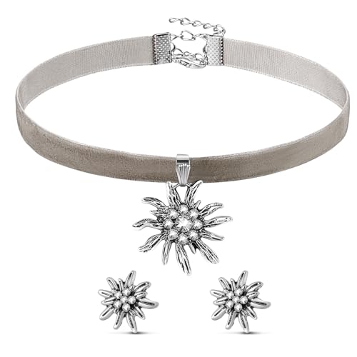 Sinmoe 3 Stück Trachtenschmuck Set Bayerisch Bierfest Dirndlschmuck Elegante Trachtenkette mit Ohrstecker Edelweiß Halskette Samt Kropfband für Damen Bierfest Trachten Dirndl Accessoires(Hellgrau) von Sinmoe