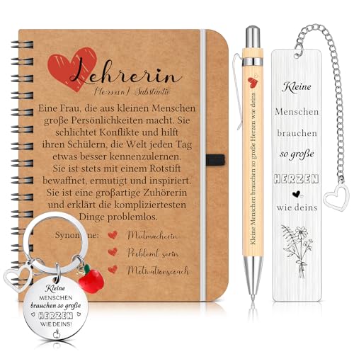 Sinmoe 1 Sets Abschiedsgeschenk Lehrerin inklusive Notizbuch Lehrerin Schlüsselanhänger Lesezeichen Holz Kugelschreiber mit Spruch Dankeschön Geschenk für Lehrer Frauen zum Ruhestand von Sinmoe