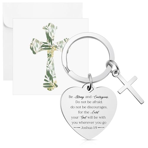 Sinmoe Erstkommunion Christliche Geschenke Inspirierender Bibelvers Schlüsselanhänger mit Be Strong and Courageous Kreuz Anhänger Taufe Karte Umschlag für Katholisches Gebet Geburtstag Geschenk von Sinmoe