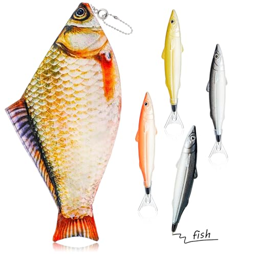 Sinmoe Fisch Federmäppchen Neuartige Federtasche Geldbörse Lustige Stifttasche mit Gepolstert Dick Schaumstoff Futter und 4 Süße Fisch Stifte Geschenke(Lebhaft,Gelb) von Sinmoe