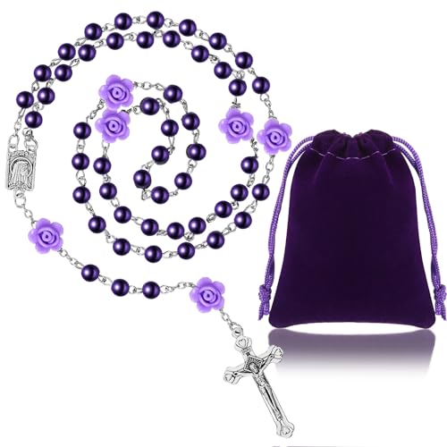 Sinmoe Katholische Rosenkranz mit Geschenkbeutel aus Samt zur Erstkommunion Lila Perlenkette mit Kreuz Elegante Rosenkranz Halskette mit Blumen Perlen Christliche Gebetskette für Mädchen Frauen von Sinmoe