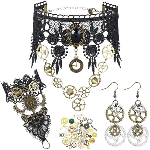 Sinmoe Damen Steampunk Accessoires Set: Gothic Spitze Choker, Handstulpe, Ohrringe & Zahnräder zum Basteln für Steampunk Kostüm, Halloween, Karneval von Sinmoe