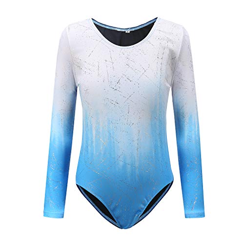 Sinoeem Gymnastikanzug Für Mädchen Ballett Kinder Langarm/Ärmellos Kurzarm Gradient Color Round Neck Turnanzug Für 3-12 Jähriges Mädchen (Blau - Langarm, Tag 12A(11-12 Years)) von Sinoeem