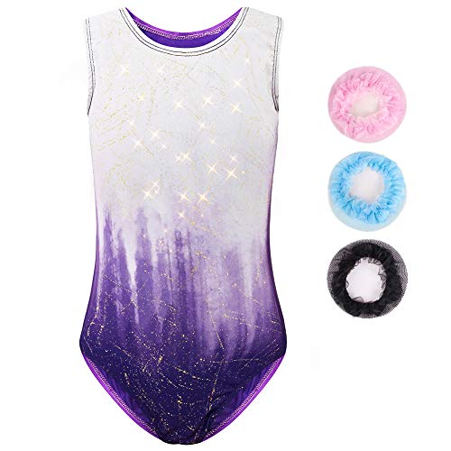 Sinoeem Gymnastikanzug Für Mädchen Ballett Kinder Langarm/Ärmellos Kurzarm Gradient Color Round Neck Turnanzug Für 3-12 Jähriges Mädchen (Lila - Kurzarm, Tag 12A(11-12 Years)) von Sinoeem