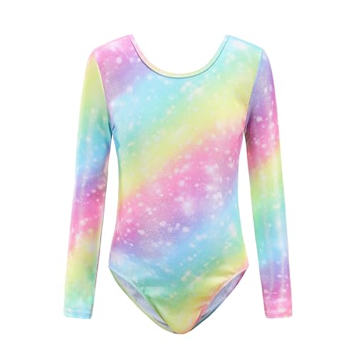 Sinoeem Gymnastikanzug Für Mädchen Ballett Kinder Langarm/Ärmellos Kurzarm Gradient Color Round Neck Turnanzug Für 3-12 Jähriges Mädchen (Rainbow - Langarm, Tag 10A(9-10 Years)) von Sinoeem