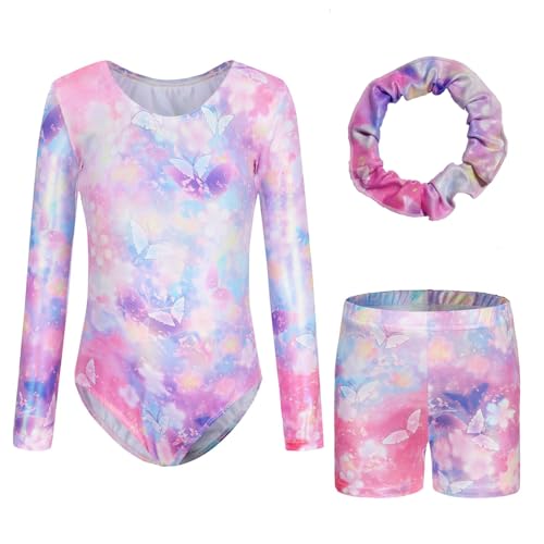 Sinoeem Gymnastik-Trikot für Mädchen, langärmelig/ärmellos, Tanz-Ballett-Tanzbekleidung, sportliche Shorts und Haarband Farbverlauf (B132_Butterfly, Tag 12A(11-12 Jahre)) von Sinoeem