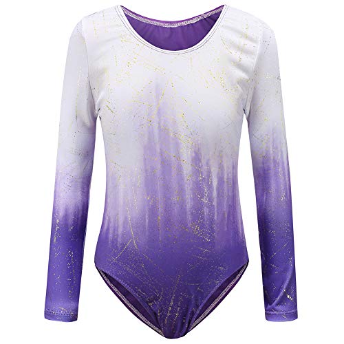 Sinoeem Gymnastikanzug Für Mädchen Ballett kinder Langarm/Ärmellos Kurzarm Gradient Color Round Neck Turnanzug Für 3-12 Jähriges Mädchen (Lila - Langarm, Tag 12A(11-12 Years)) von Sinoeem