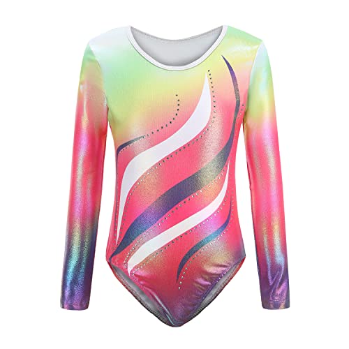 Sinoeem Gymnastikanzug Kinder Mädchen Langarm/Ärmellos Klassisch Turnanzug Ballettröckchen Trikotanzug Tanz Gymnastik Training Dancewear für Mädchen (Regenbogen-langarm, 5-6Jahre) von Sinoeem