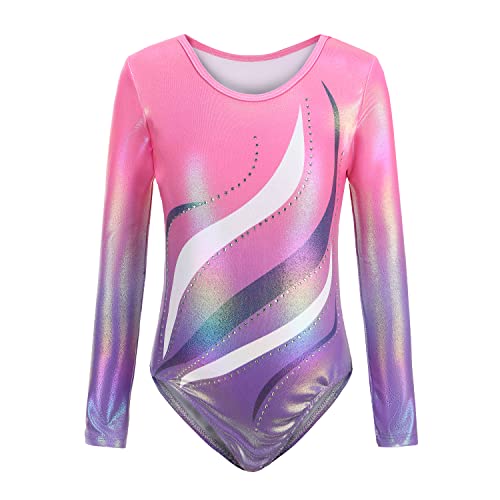 Sinoeem Gymnastikanzug Kinder Mädchen Langarm/Ärmellos Klassisch Turnanzug Ballettröckchen Trikotanzug Tanz Gymnastik Training Dancewear für Mädchen (Rosa-langarm, 7-8Jahre) von Sinoeem