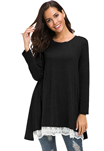 Sinono Damen Casual Spitze Langarm A-Linie Swing U-Ausschnitt Tunika Top Bluse, Schwarz, X-Large von Sinono