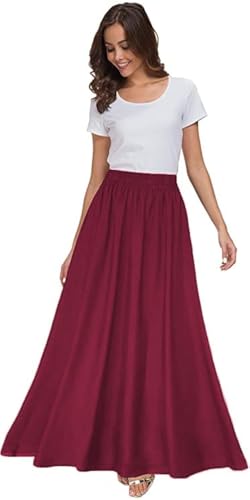 Sinono Damen Chiffon Retro Maxirock Vintage knöchellange Röcke, Weinrot, Groß von Sinono
