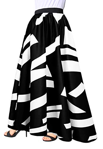 Sinono Damen Chiffon Streifen Maxi Rock Hohe Taille Wischen Bodenröcke, Schwarz3, Mittel von Sinono