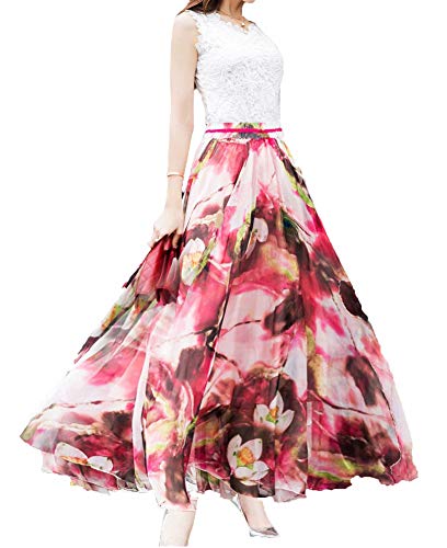 Sinono Damen Floral Maxi Chiffon Lange Röcke voller Länge Strandrock, rot, Klein von Sinono